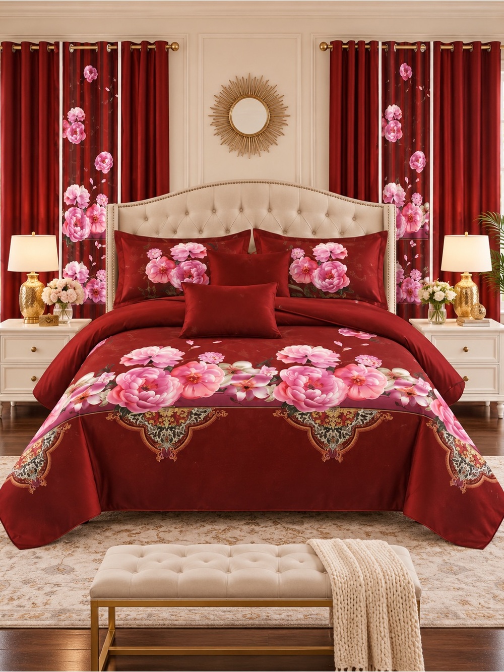 Luxury Red Floral Comforter Set with Pink Peony Accents